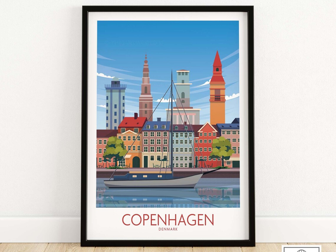 Copenhagen City Skyline Travel Poster, Minimalist Decor