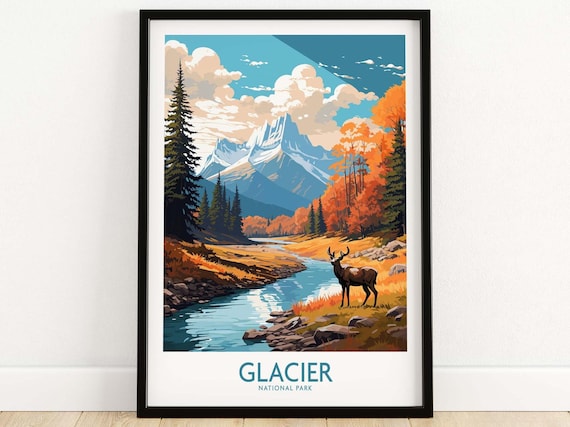 Glacier National Park Autumn Deer River Mountain Travel Poster