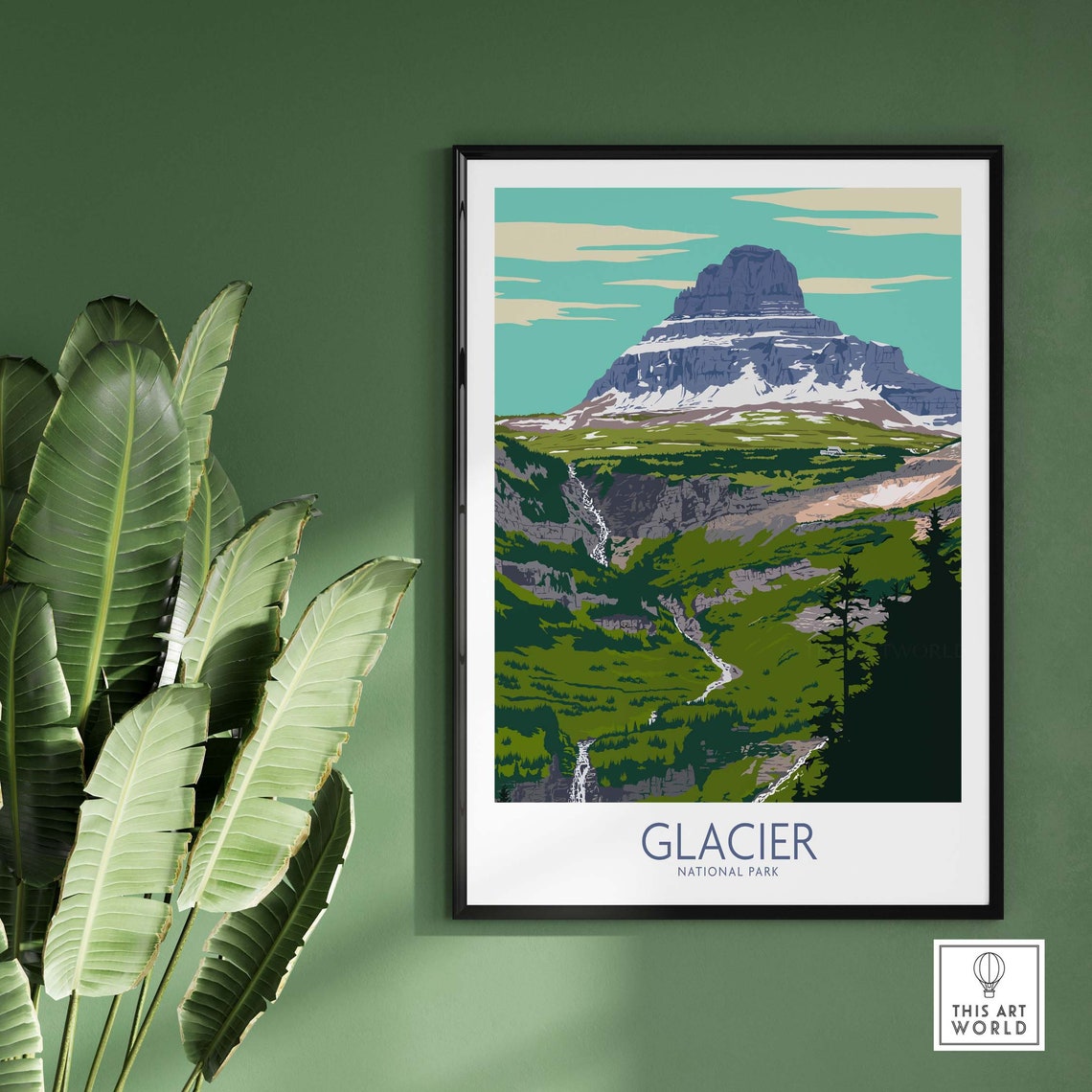 Glacier National Park Montana Snowy Peak Green Valley Art Poster - Image 3