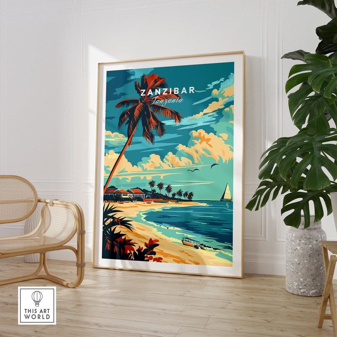 Zanzibar Tanzania Palm Beach Sailboats Tropical Coast Travel Poster - Image 2
