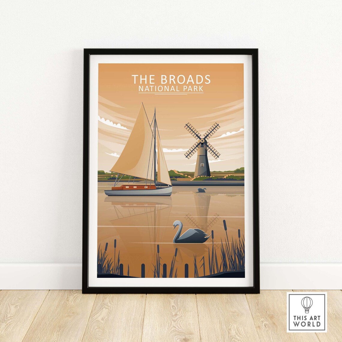 The Broads National Park Sailboat Windmill Vintage Travel Poster