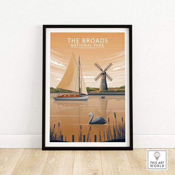 The Broads National Park Sailboat Windmill Vintage Travel Poster