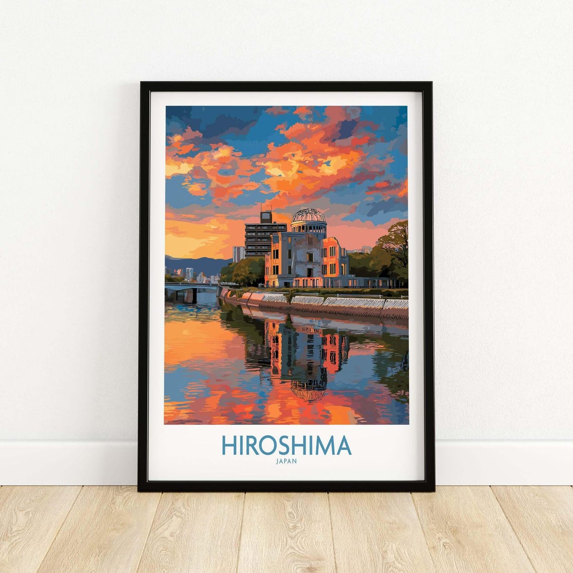 Hiroshima Japan Sunset River Reflection Atomic Dome Travel Poster
