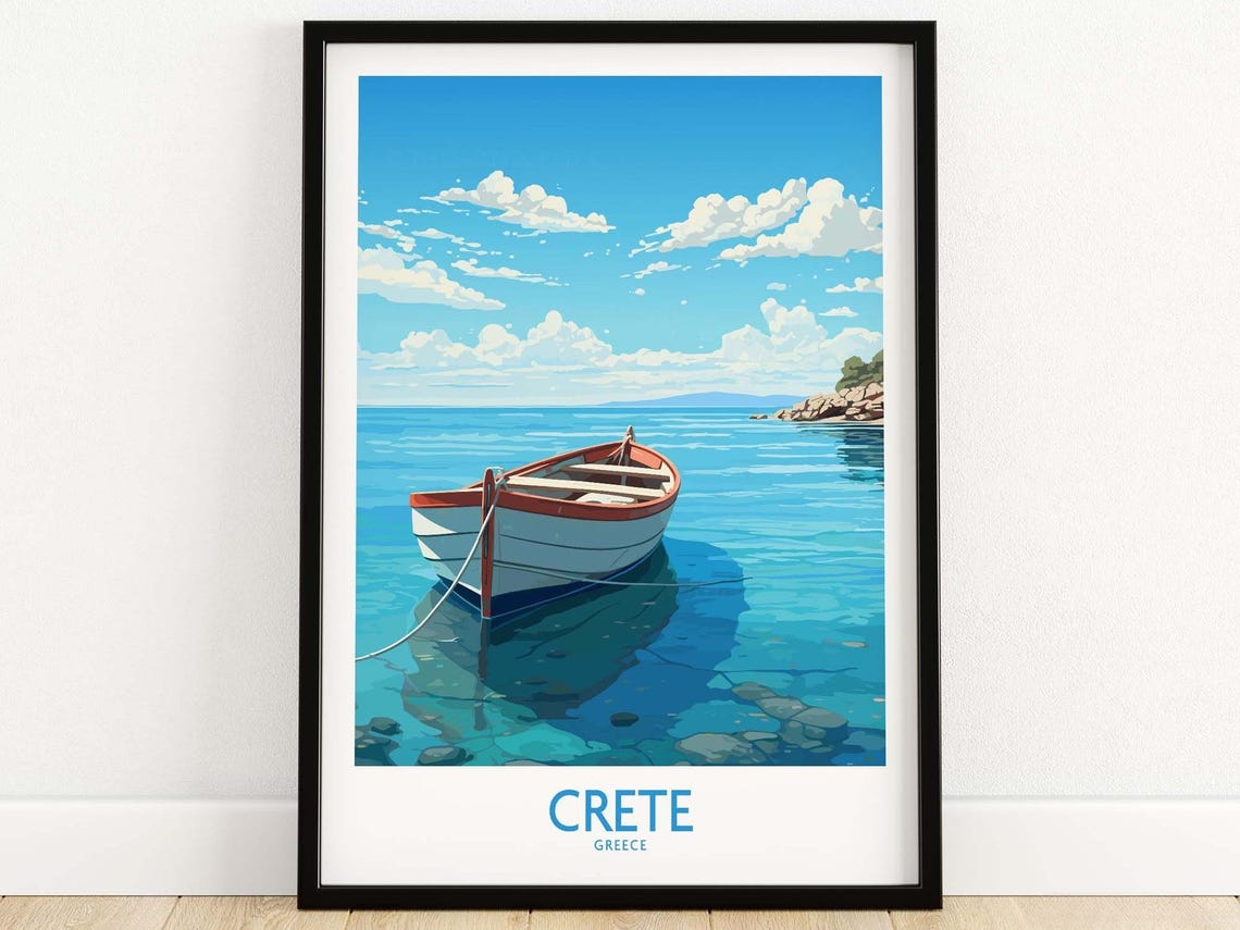 Crete Greece Rowboat Turquoise Bay Coastal Vintage Travel Poster