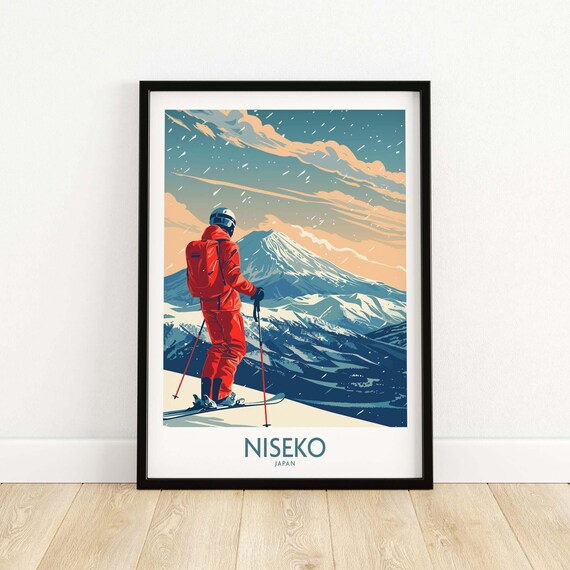 Niseko Japan Skier Facing Snowy Peaks at Sunset Vintage Ski Poster