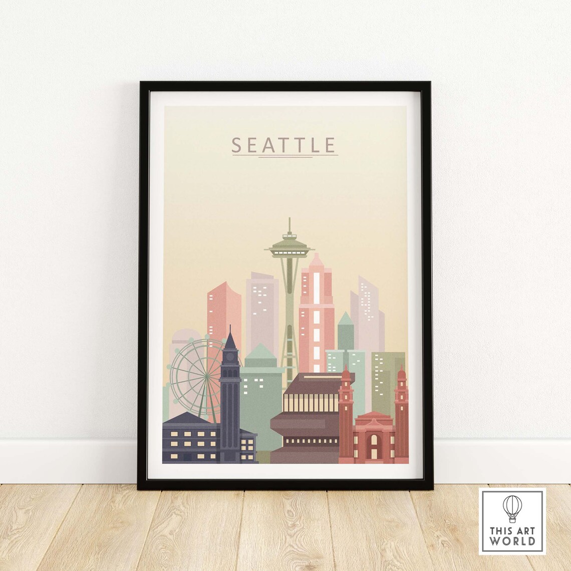 Seattle Skyline Poster, Pastel Cityscape Travel Print
