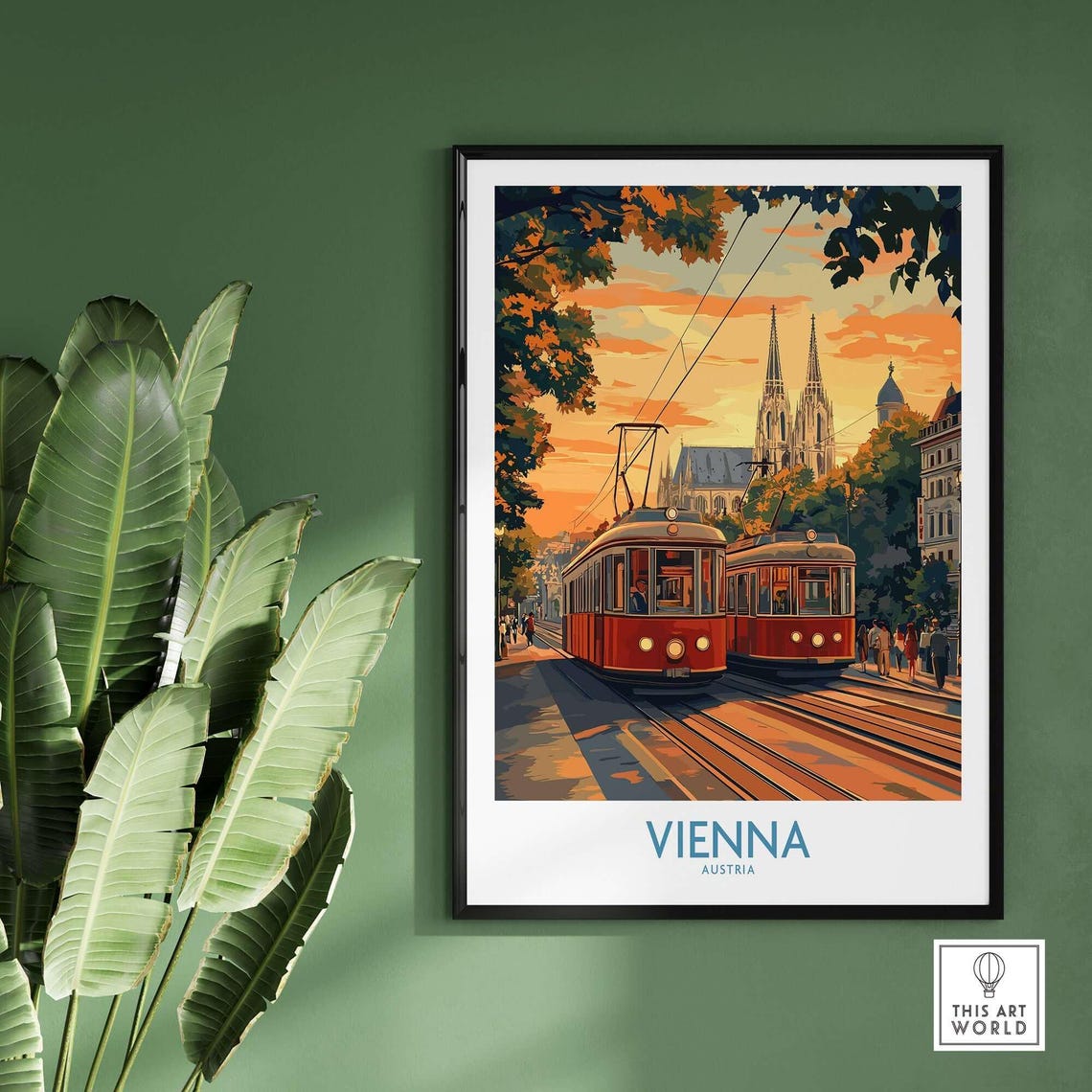 Vienna Austria Red Vintage Trams Cathedral Sunset Scene Poster - Image 2