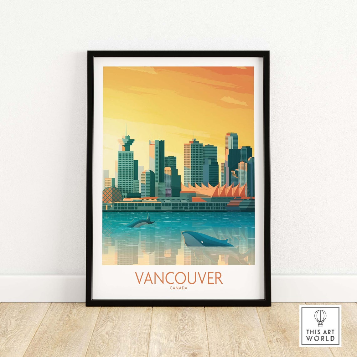 Vancouver Canada Skyline Harbor Whales Sunset Reflection Poster