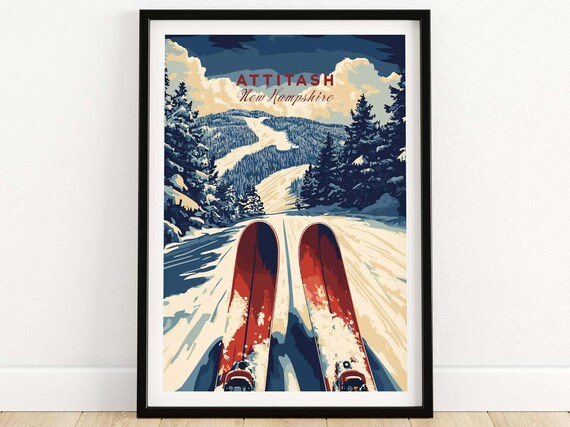 Attitash New Hampshire Red Skis Heading Down Slopes Dramatic Art Poster