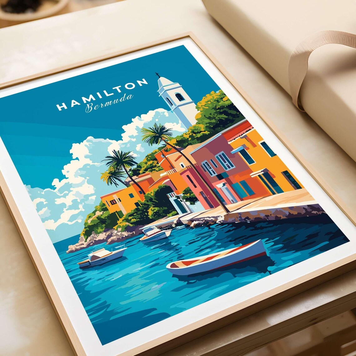Hamilton Bermuda Colorful Harbor Boats Church Tower Travel Poster - Image 4