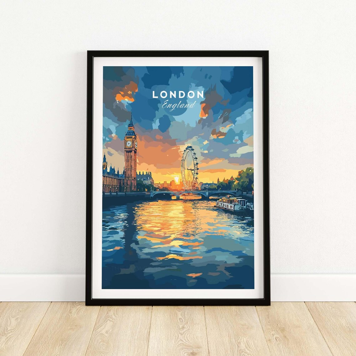 London England Big Ben London Eye Thames Sunset Travel Poster