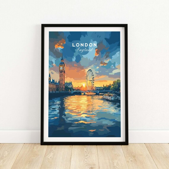London England Big Ben London Eye Thames Sunset Travel Poster