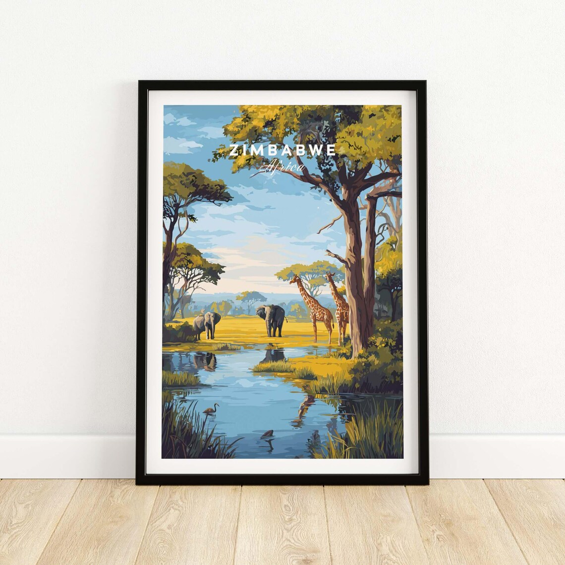 Zimbabwe Africa Elephants Giraffes Waterhole Daytime Savanna Poster