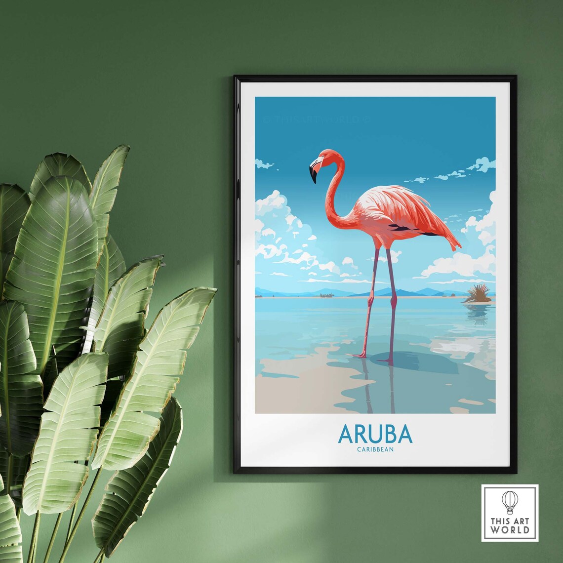 Aruba Caribbean Pink Flamingo Lagoon Illustration Travel Poster - Image 2