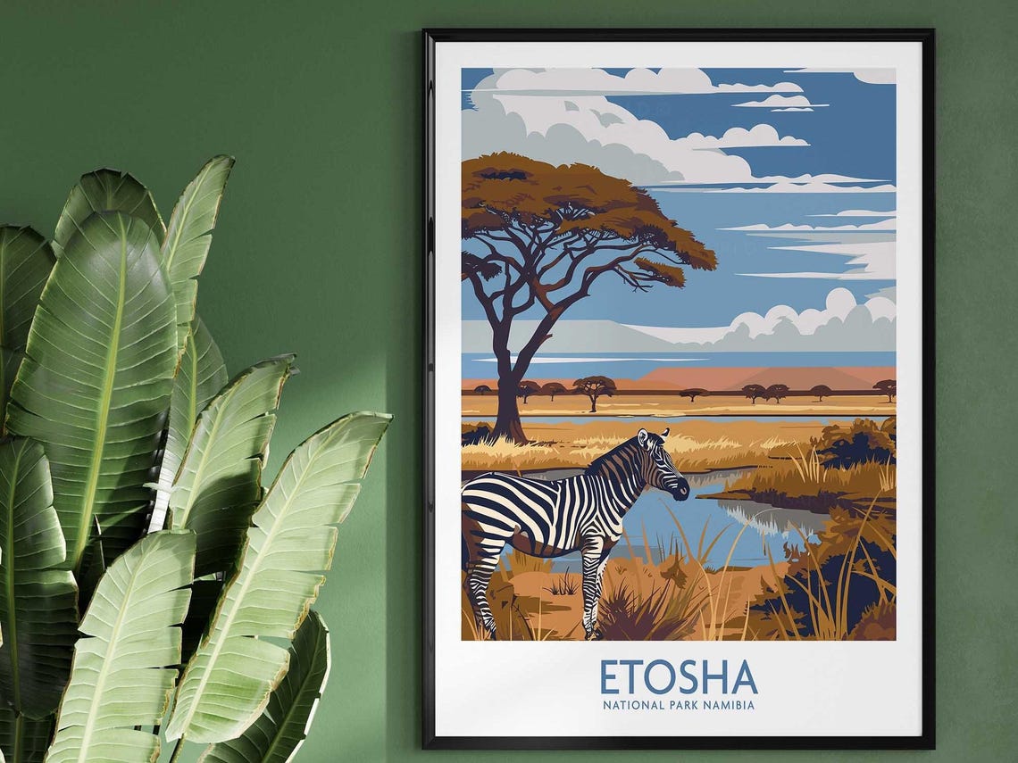 Etosha National Park Namibia Zebra Waterhole Acacia Retro Poster
