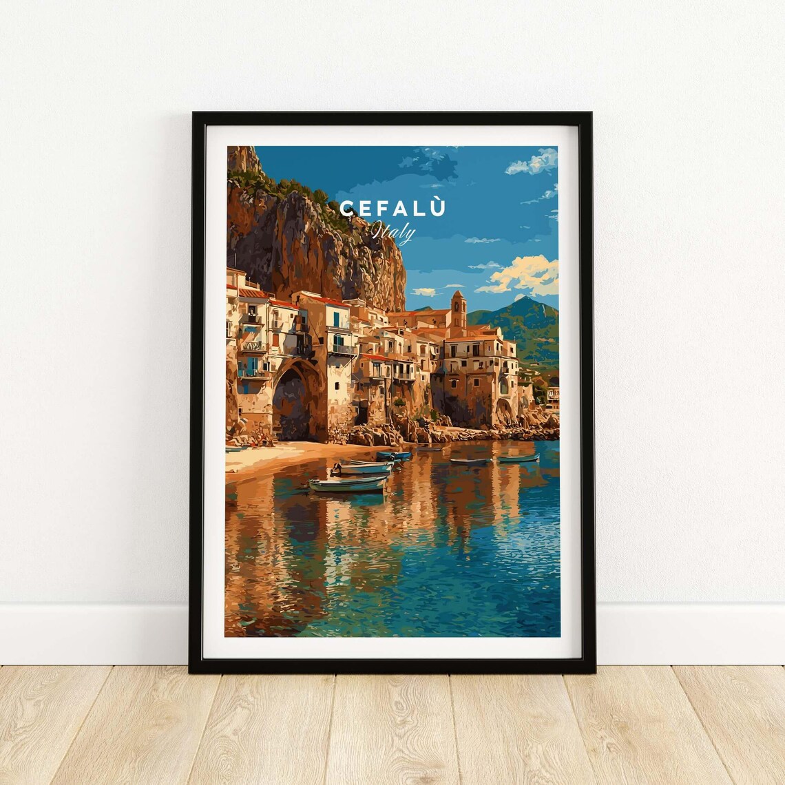 Cefalu Italy Sicilian Coastal Town Cliffs Boats Harbor Travel Poster