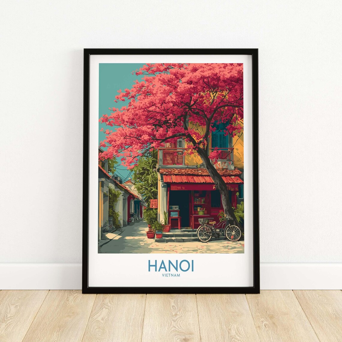 Hanoi Vietnam Flame Tree Shophouse Street Vintage Travel Poster Artwork