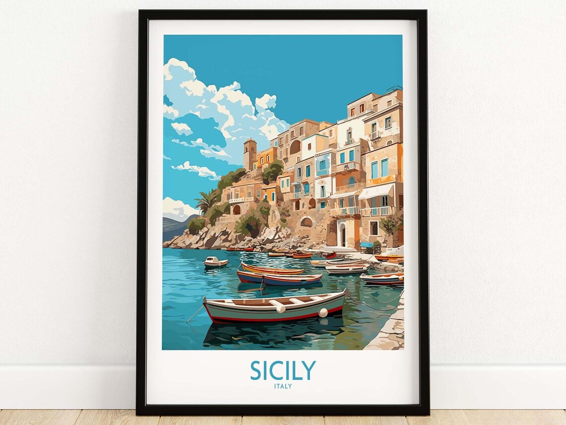 Sicily Italy Cliffside Fishing Village Boats Harbor Art Poster