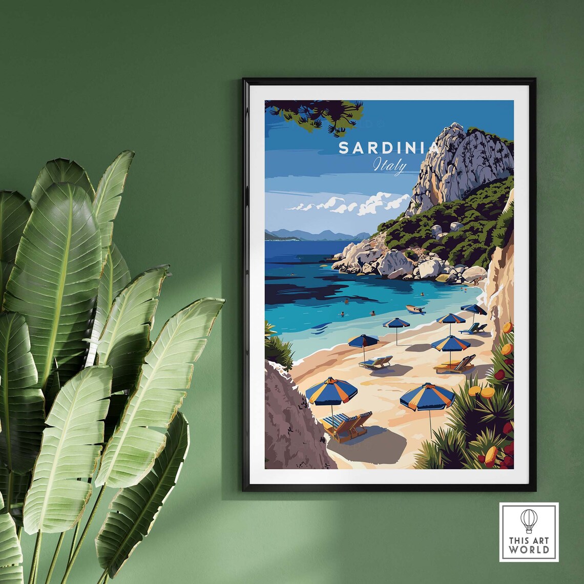 Sardinia Italy Beach Umbrellas Turquoise Cove Vintage Travel Poster - Image 2