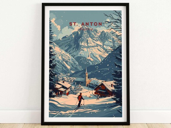St Anton Austria Village Church Skier Descending Into Town Travel Poster