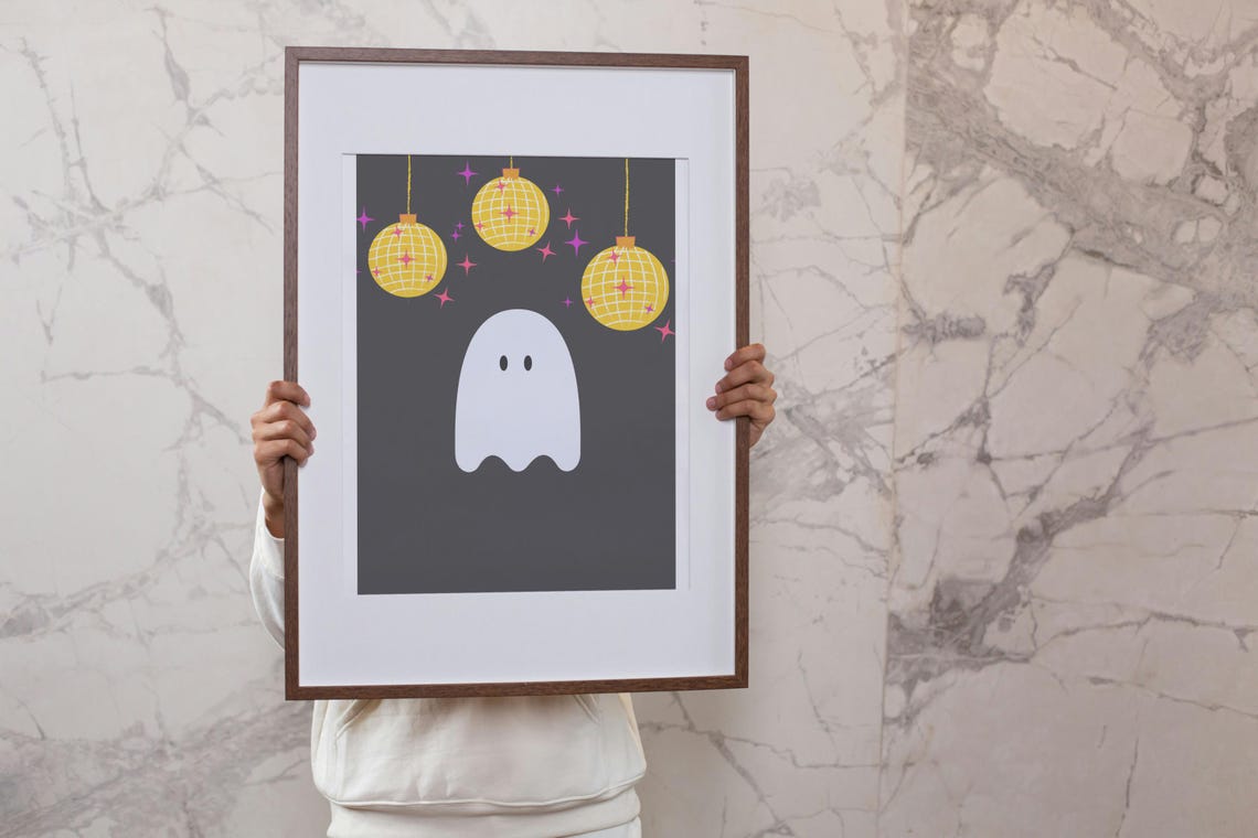 Disco Ghost Halloween Cute White Ghost Gold Party Decor Wall Art - Image 4