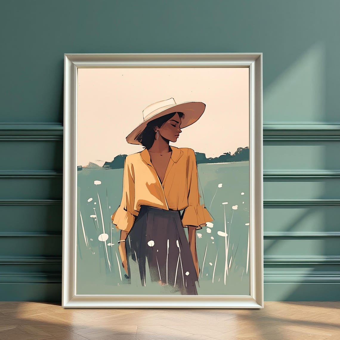 Woman In Wildflower Field Boho Minimalist Summer Meadow Art Poster