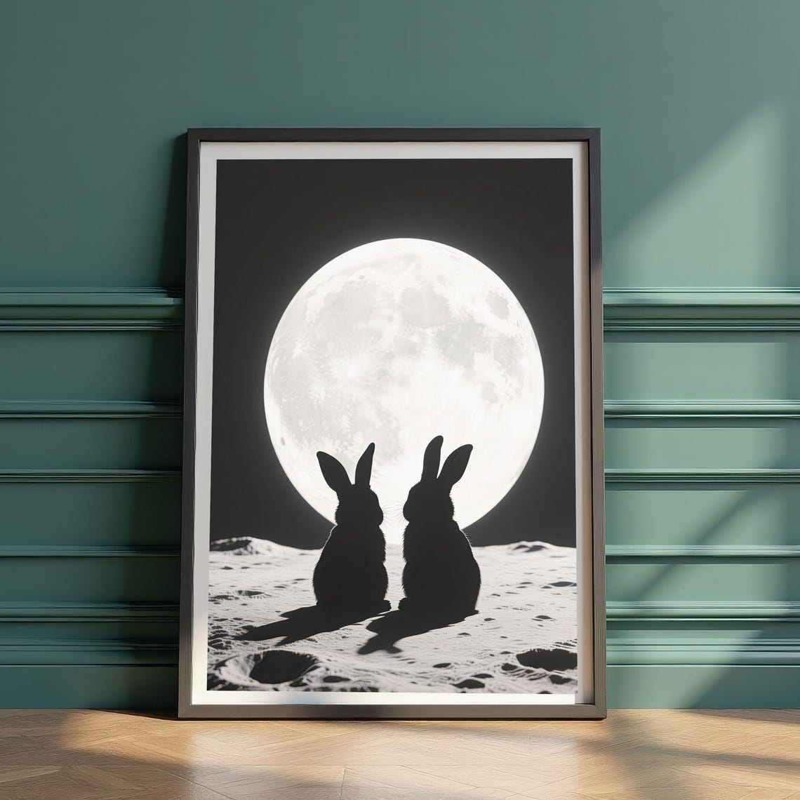Moonlit Rabbit Couple Silhouette Under Giant Full Moon Night Poster