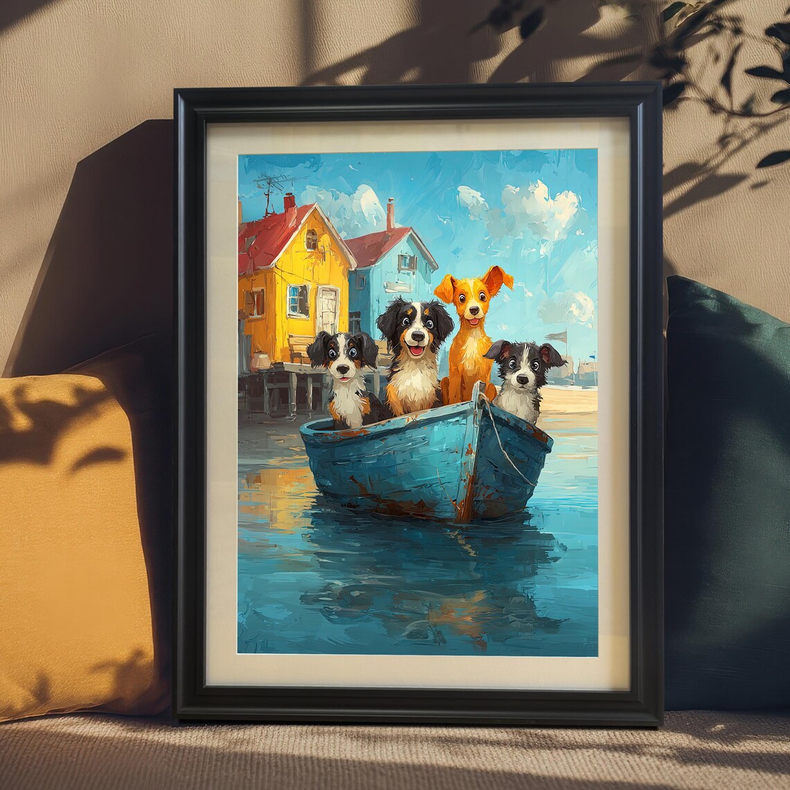 Four Cute Dogs In Blue Boat Whimsical Harbor Painting Poster