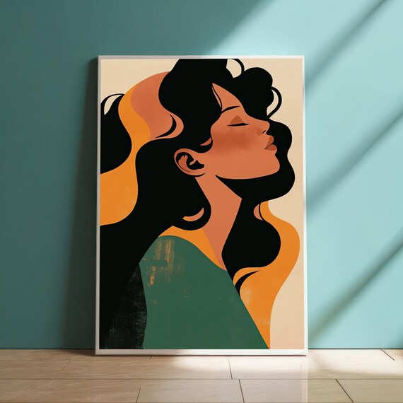 Expressive Woman Portrait Art Abstract Figure Illustration Serene Flowing Hair Wall Decor Modern Print