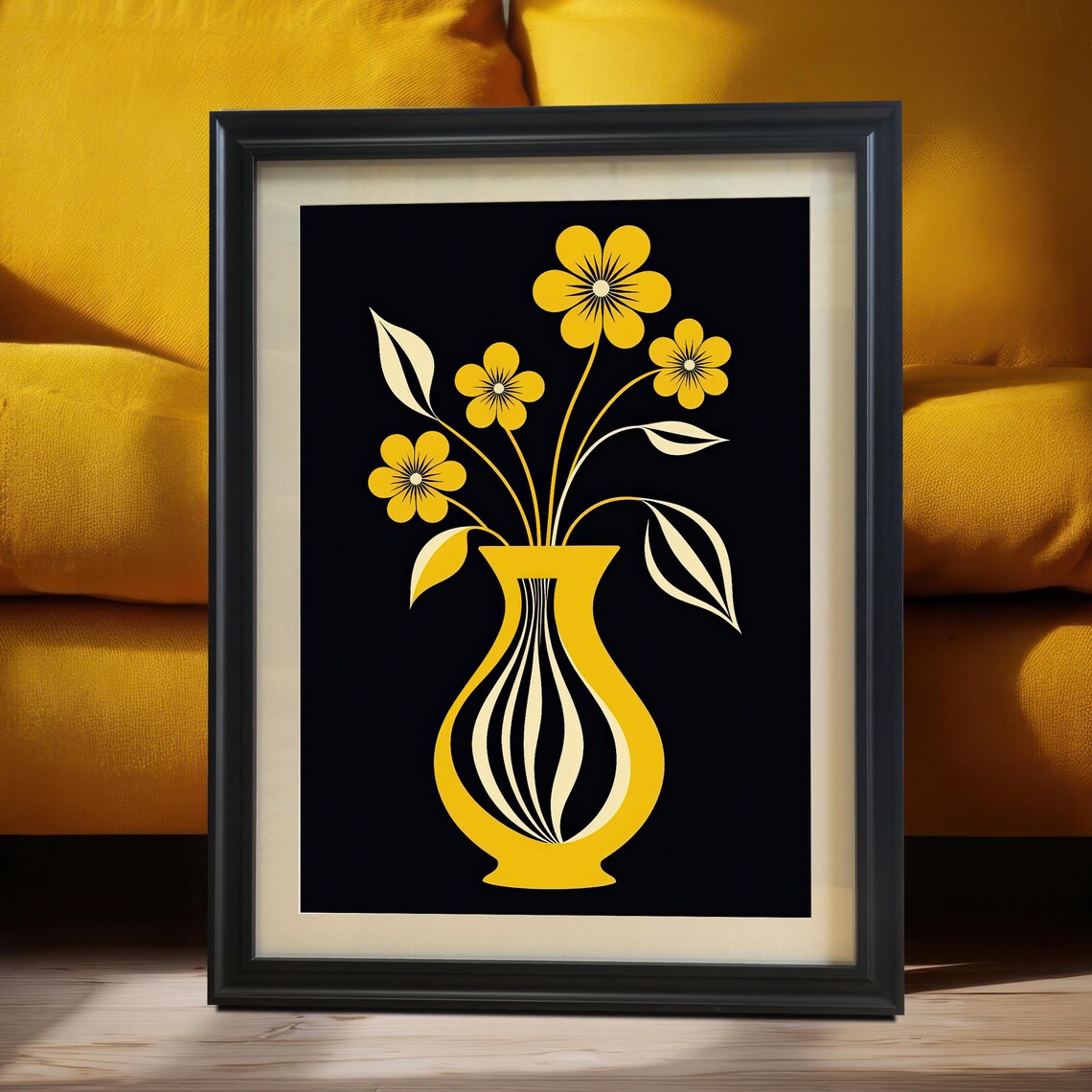 Yellow Flowers In Bold Striped Vase Modern Graphic Art Poster