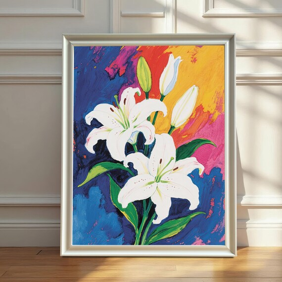 White Lilies On Vibrant Colorful Background Expressive Floral Poster