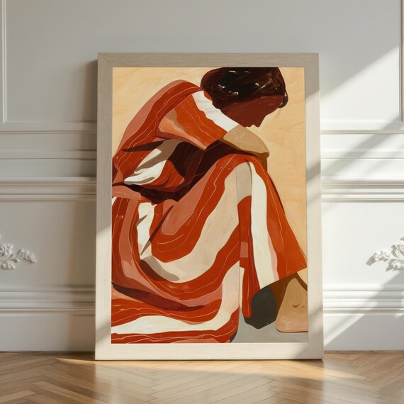 Seated Woman Wrapped In Rust Red Stripes Contemplative Modern Art Print