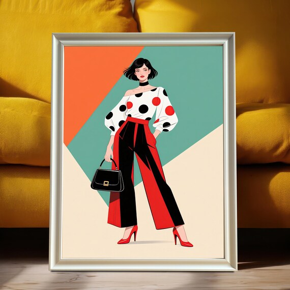 Retro Fashion Woman in Polka Dot Blouse and Bold Trousers Poster