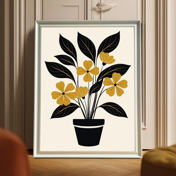 Botanical Gicle Print Black Gold Flower Wood Frame