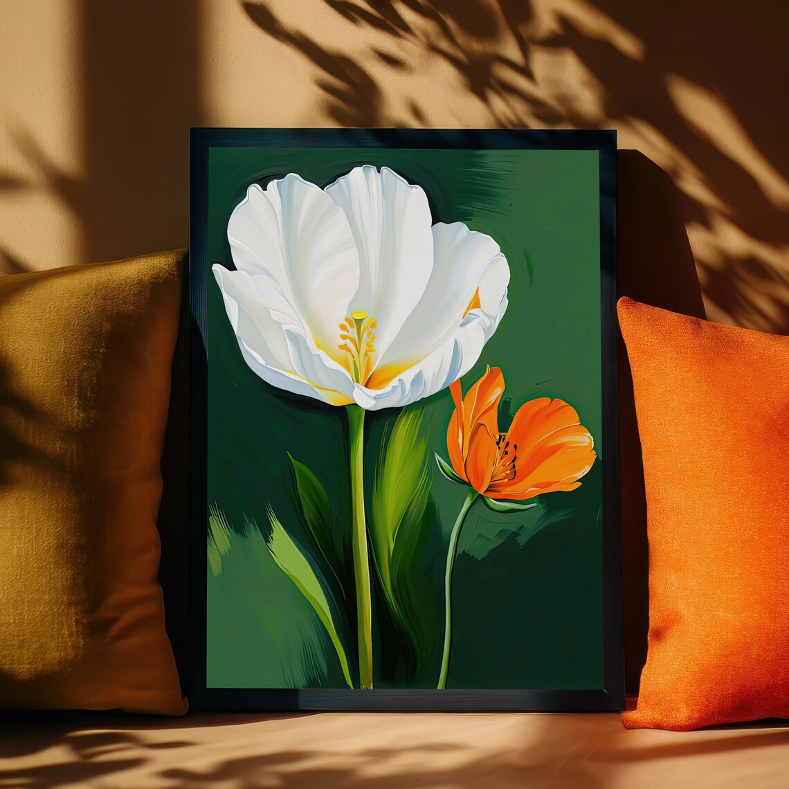 White and Orange Flowers on Deep Green Modern Floral Wall Poster