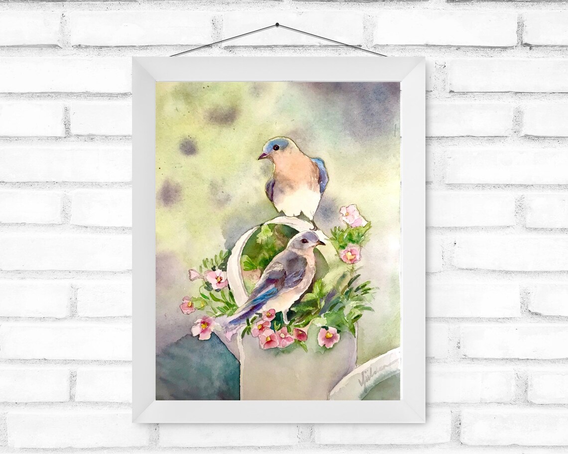 Pair of Bluebirds on Pink Flower Basket Watercolor Spring Poster