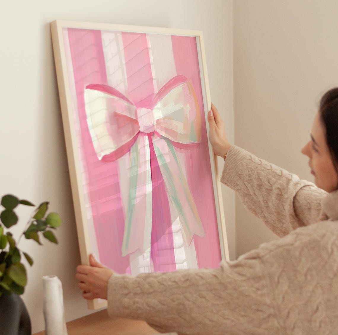 Large Pink Bow On Striped Pink Background Coquette Art Poster - Image 3