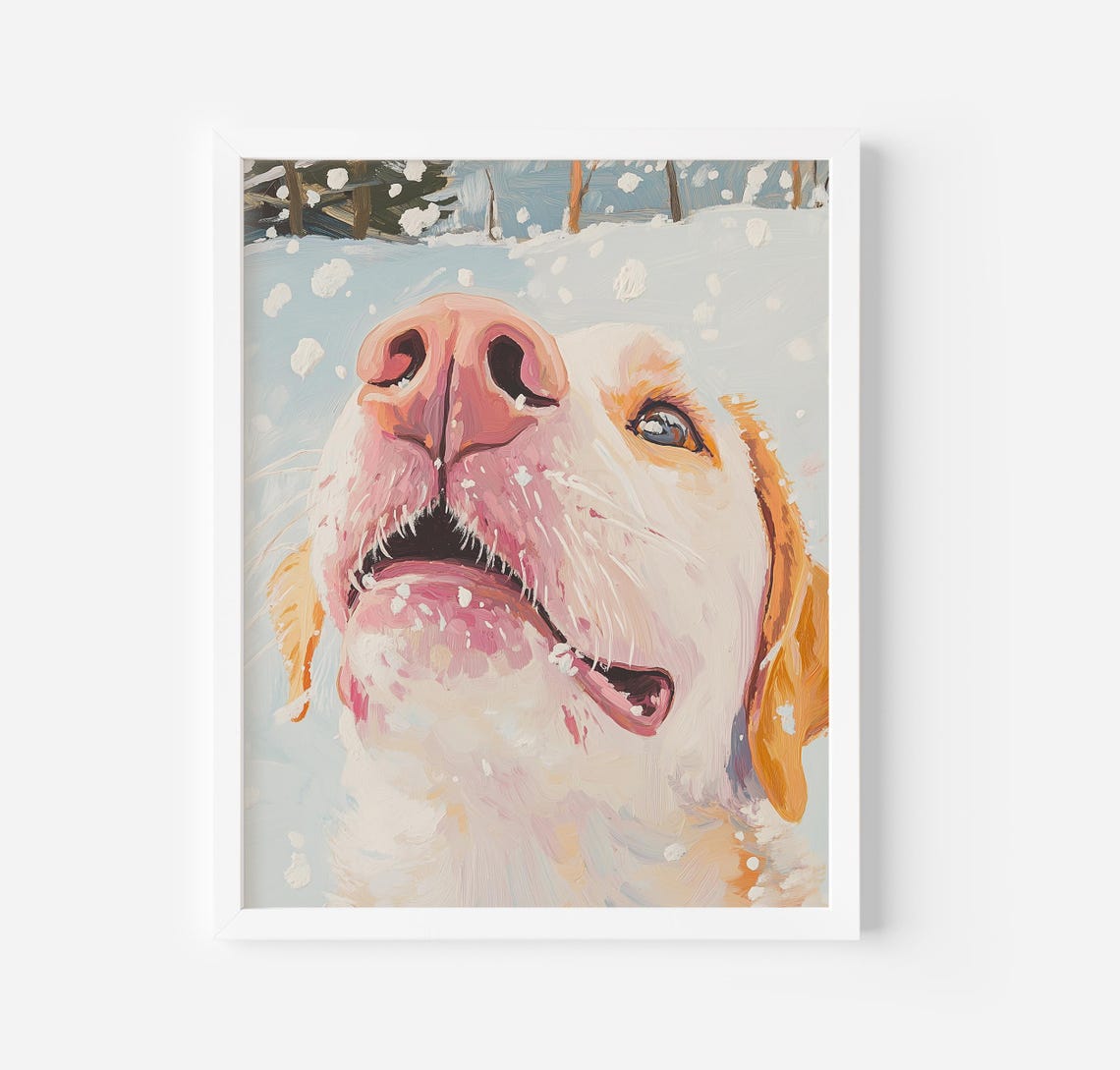 Happy Labrador Puppy Catching Snowflakes Winter Dog Portrait Poster