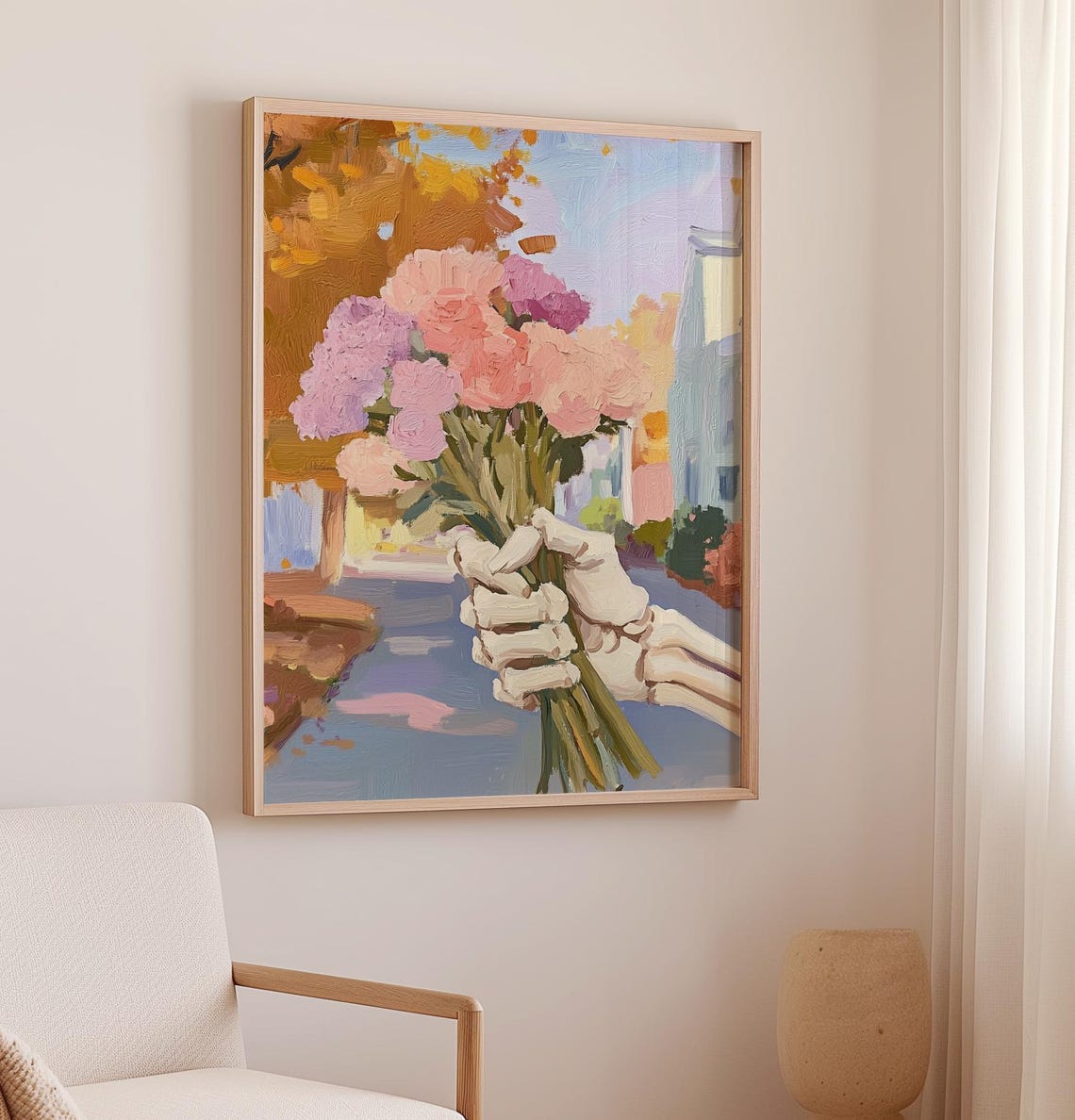 Skeleton Hand Holding Pink Flower Bouquet Spooky Fall Art Poster - Image 2