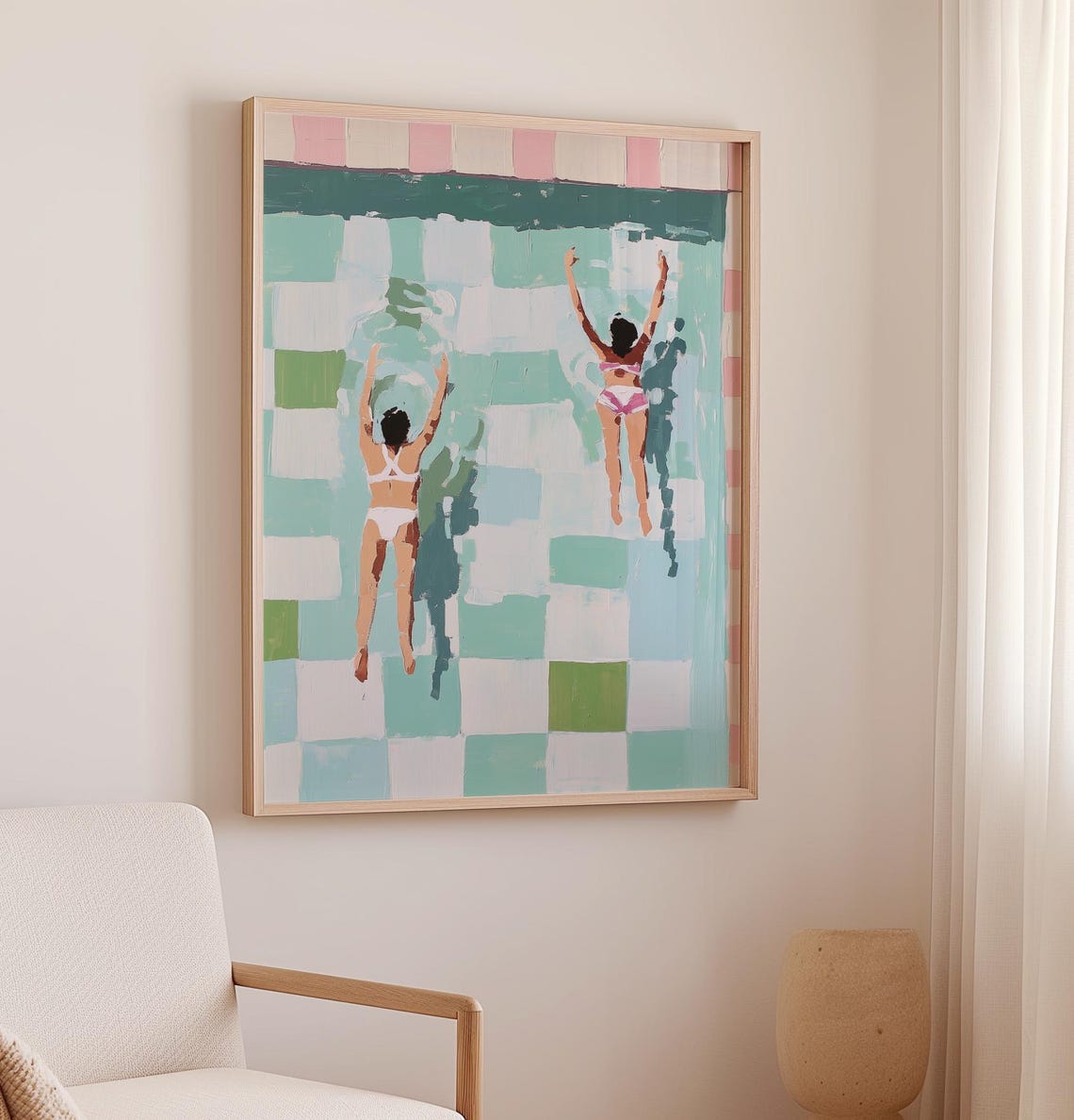 Two Women Floating In Pastel Pool Summer Retro Pool Art Poster - Image 2