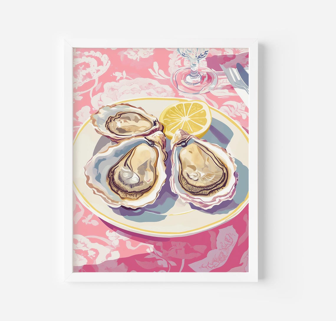 Fresh Oysters With Lemon Slice Seafood Kitchen Wall Art Poster