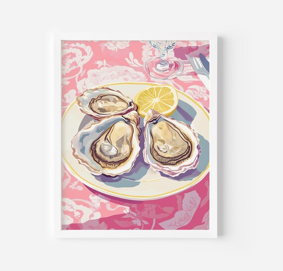 Trendy Fresh Oysters Print Seafood Kitchen Print Poster Flatlay Food In The Table Lemons Wall Art Trendy Kitchen Decor