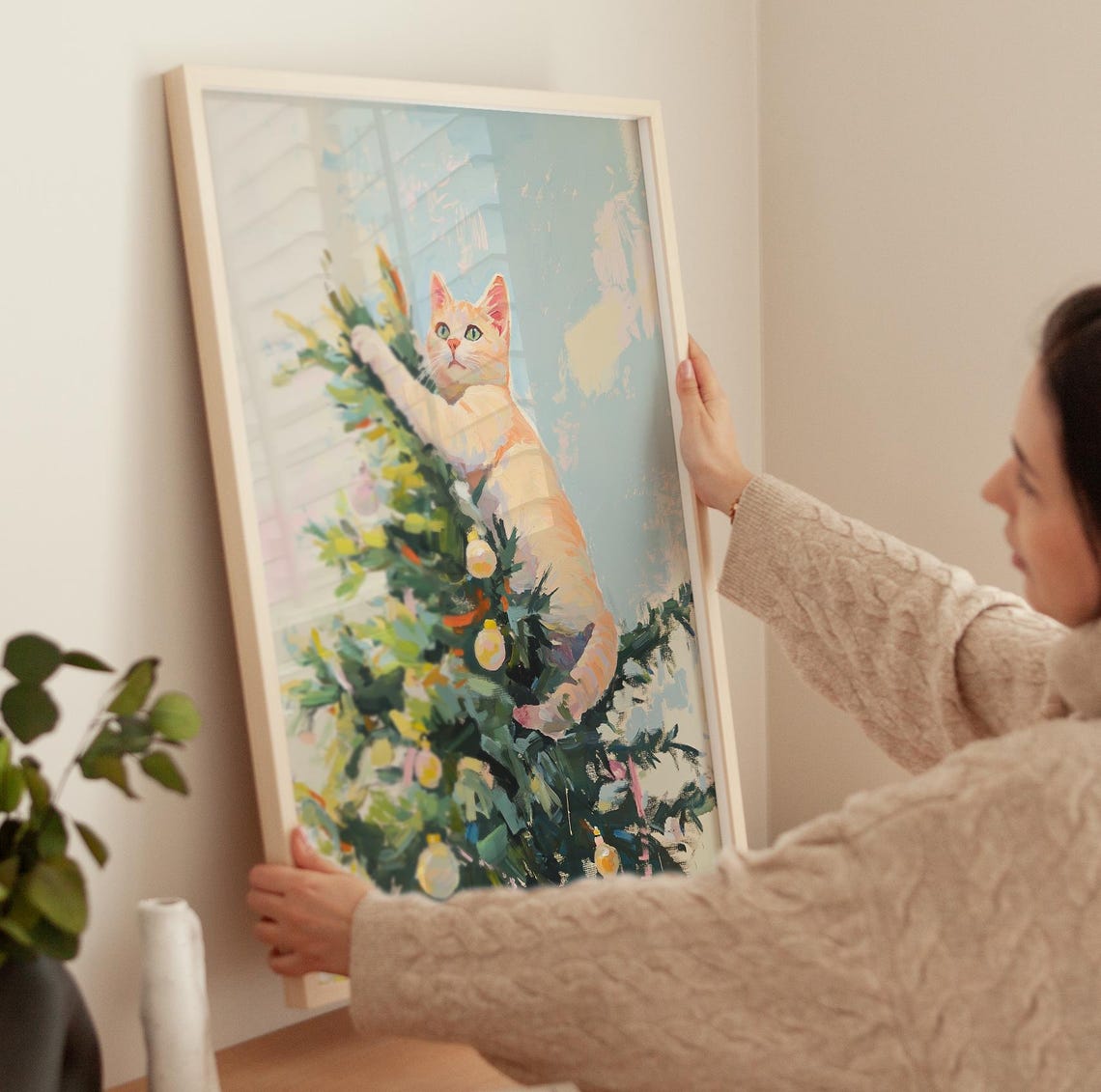 Cream Kitten Climbing A Decorated Christmas Tree Painting Poster - Image 3