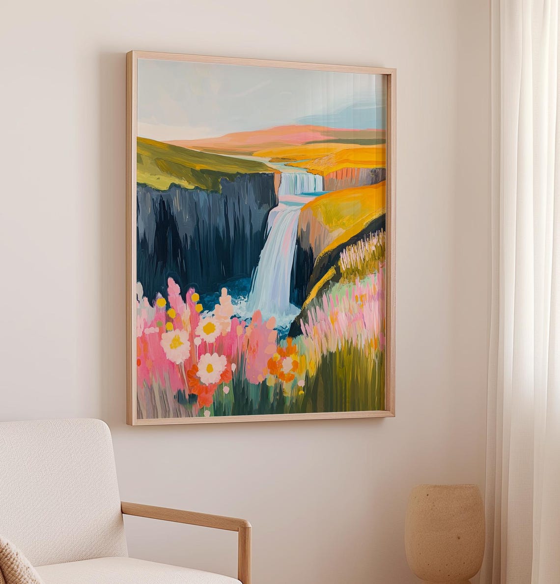 Cliff Waterfall With Pink Wildflowers Colorful Canyon Painting Poster - Image 2