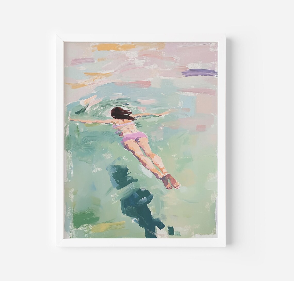 Swimming Girl Print, Vintage Summer Ocean Poster