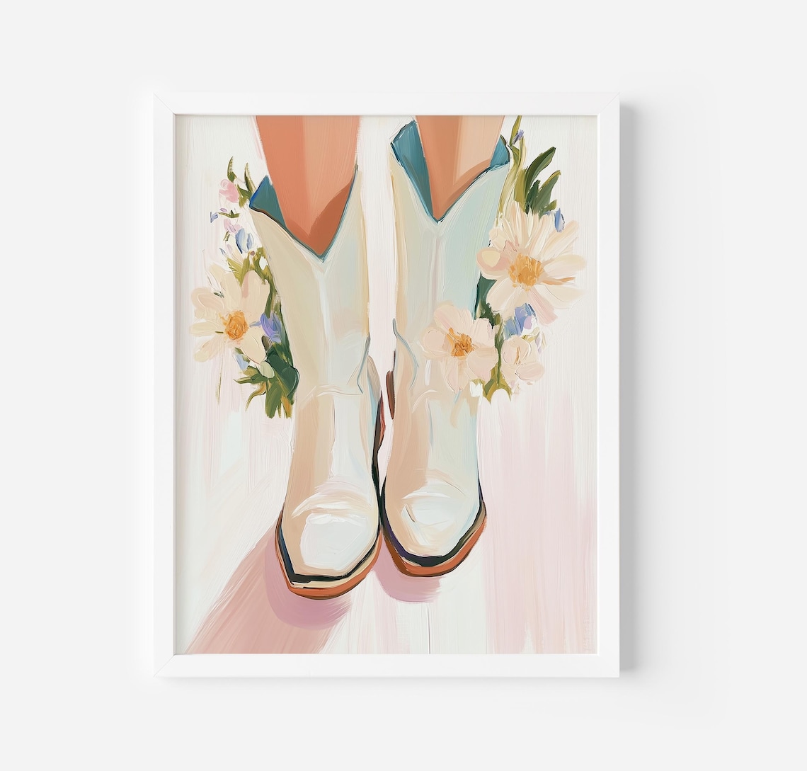 Cowgirl Legs In White Boots With Flowers Western Painting Poster