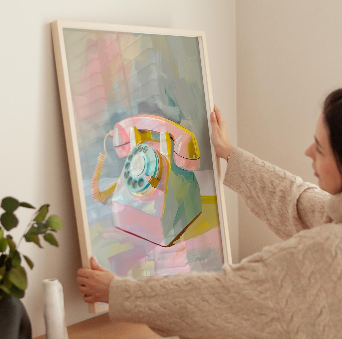 Retro Pink Rotary Telephone Minimalist Painting Home Office Poster - Image 3