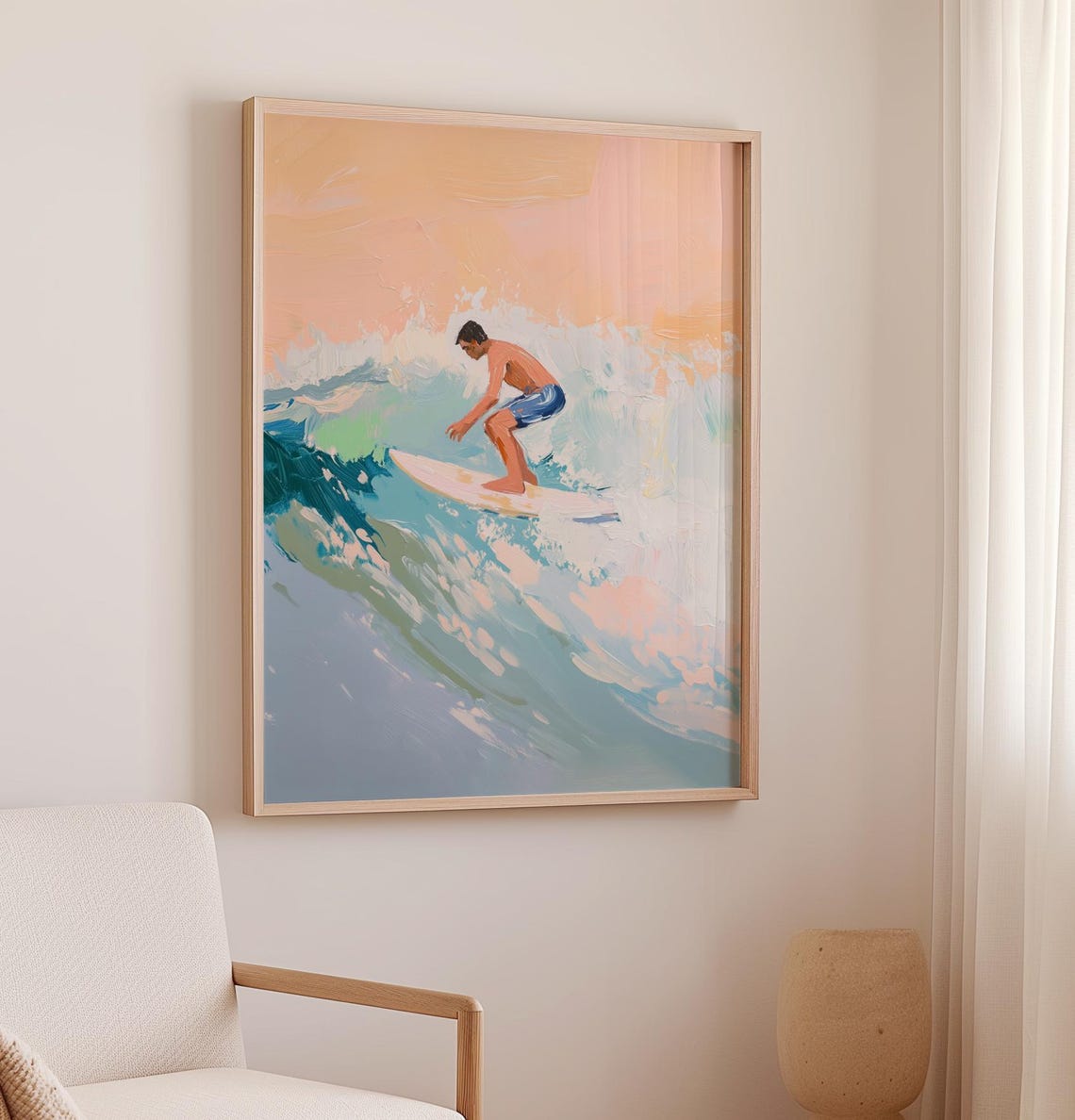 Surfer Riding Turquoise Wave Pastel Sunset Ocean Painting Poster - Image 2