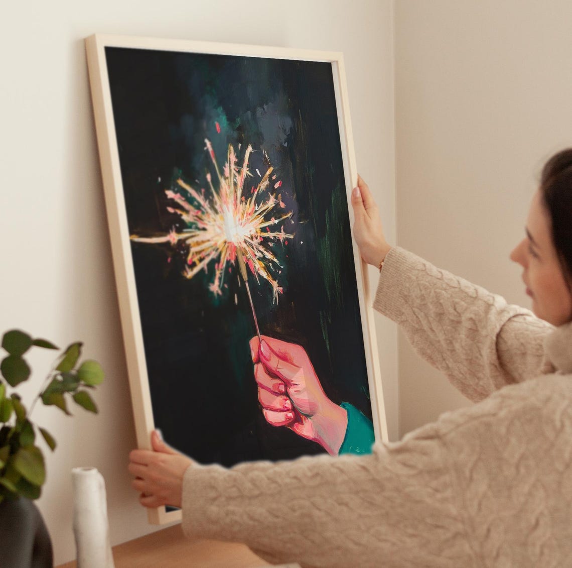 Hand Holding Sparkler Dark Night Glow Light Painting Art Poster - Image 3