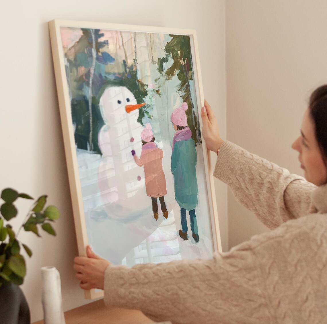 Girls With Snowman Vintage Christmas Art Print - Image 3